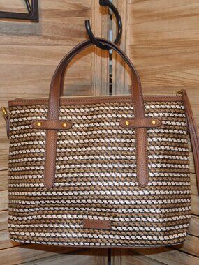 Fossil Brown White Black Straw Satchel